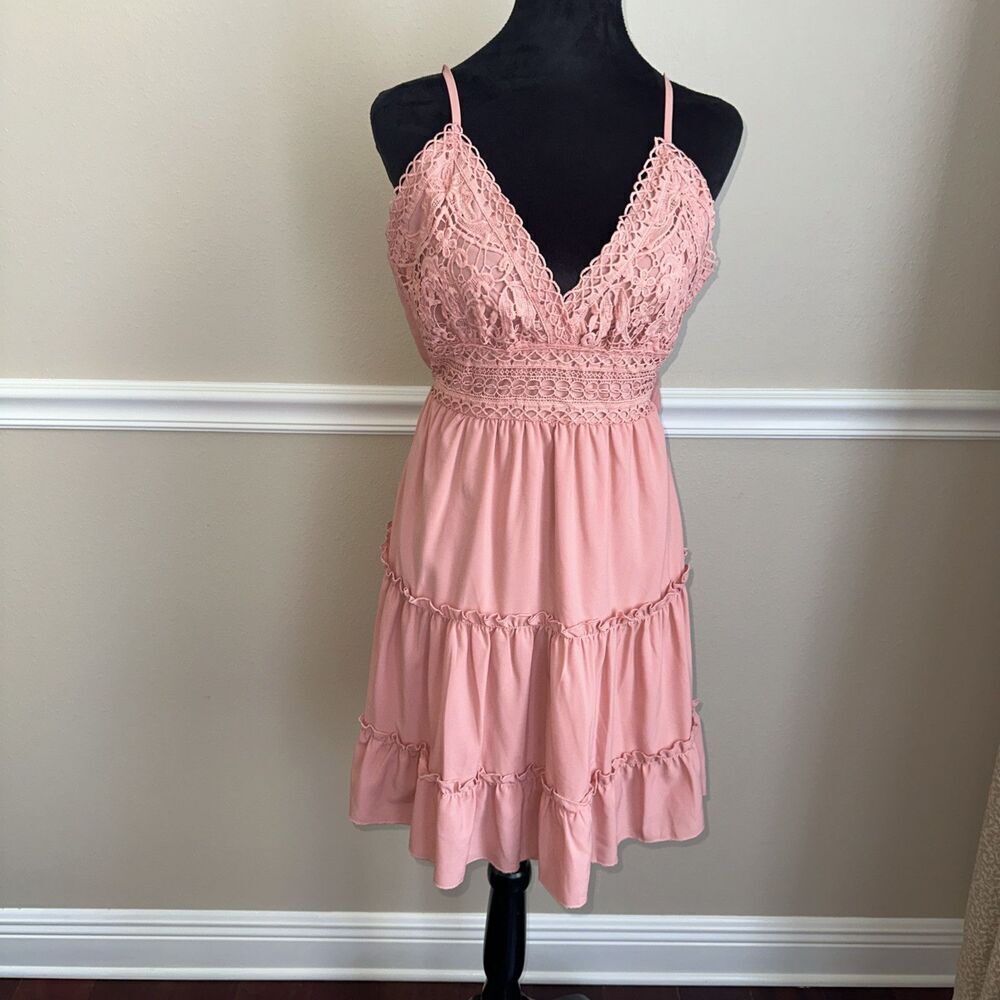 Woman’s Sexy V Neck Tie Back Lace Ruffle Sun Dress Pink Fairy Summer Size M